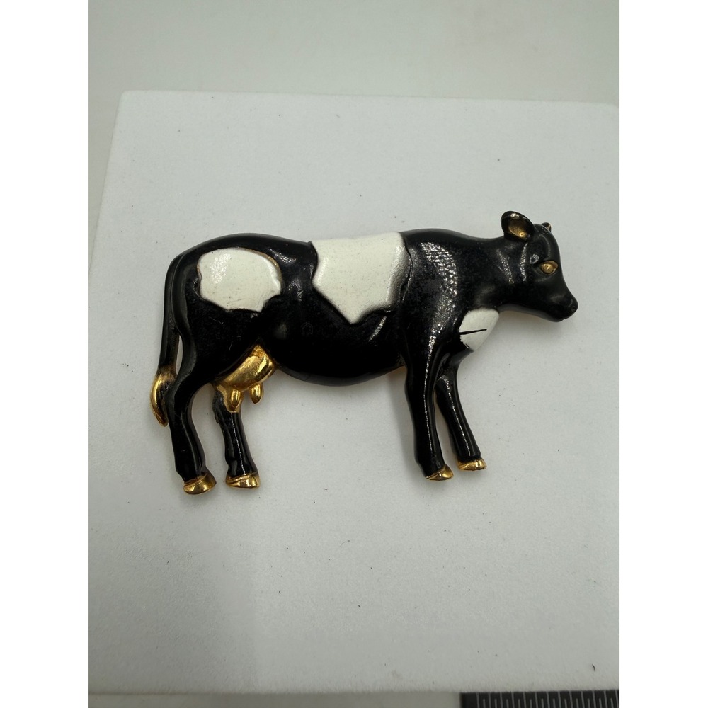 AJC Vintage Cow Brooch Gold Tone Black White Enamel Holstein Farm Animal Pin